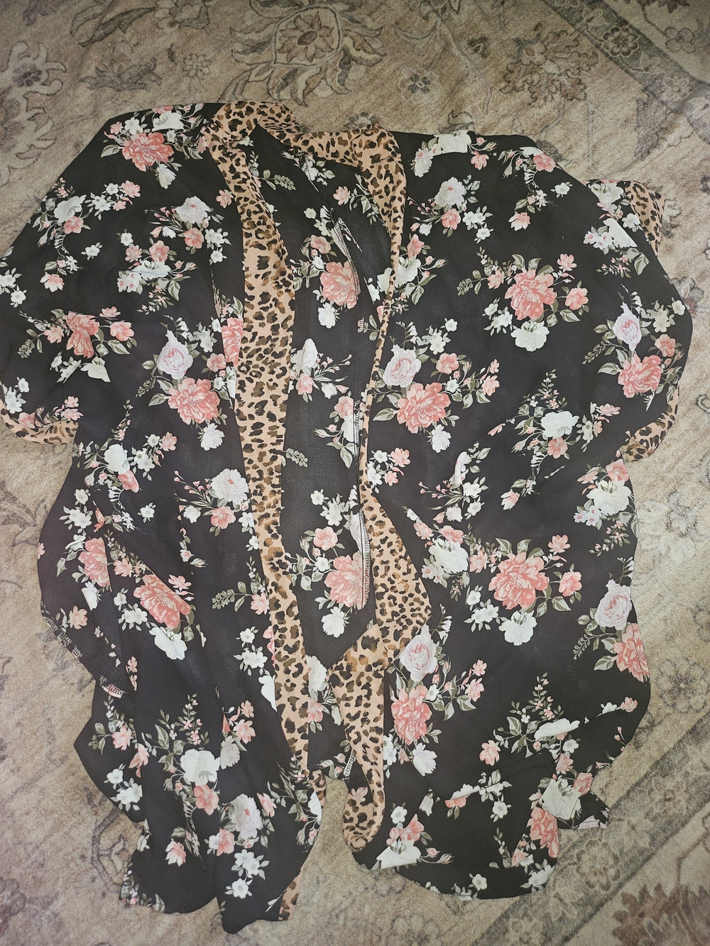 Almost Famous Black Floral Kimono with Pink Roses and Leopard Trim